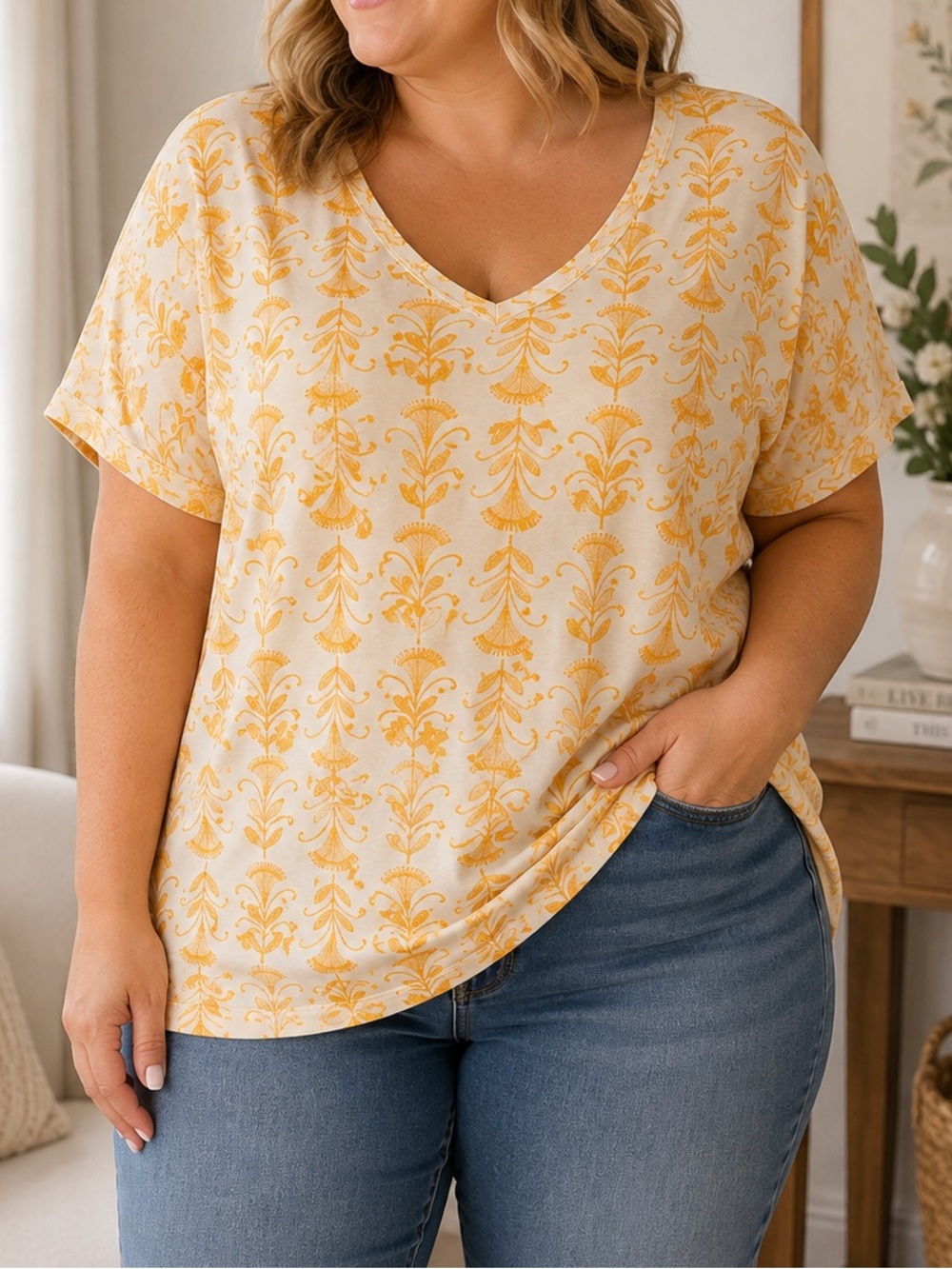 Sigrid Olsen 3X Yellow Floral V-Neck Rayon Stretch Tee Plus Size Lightweight